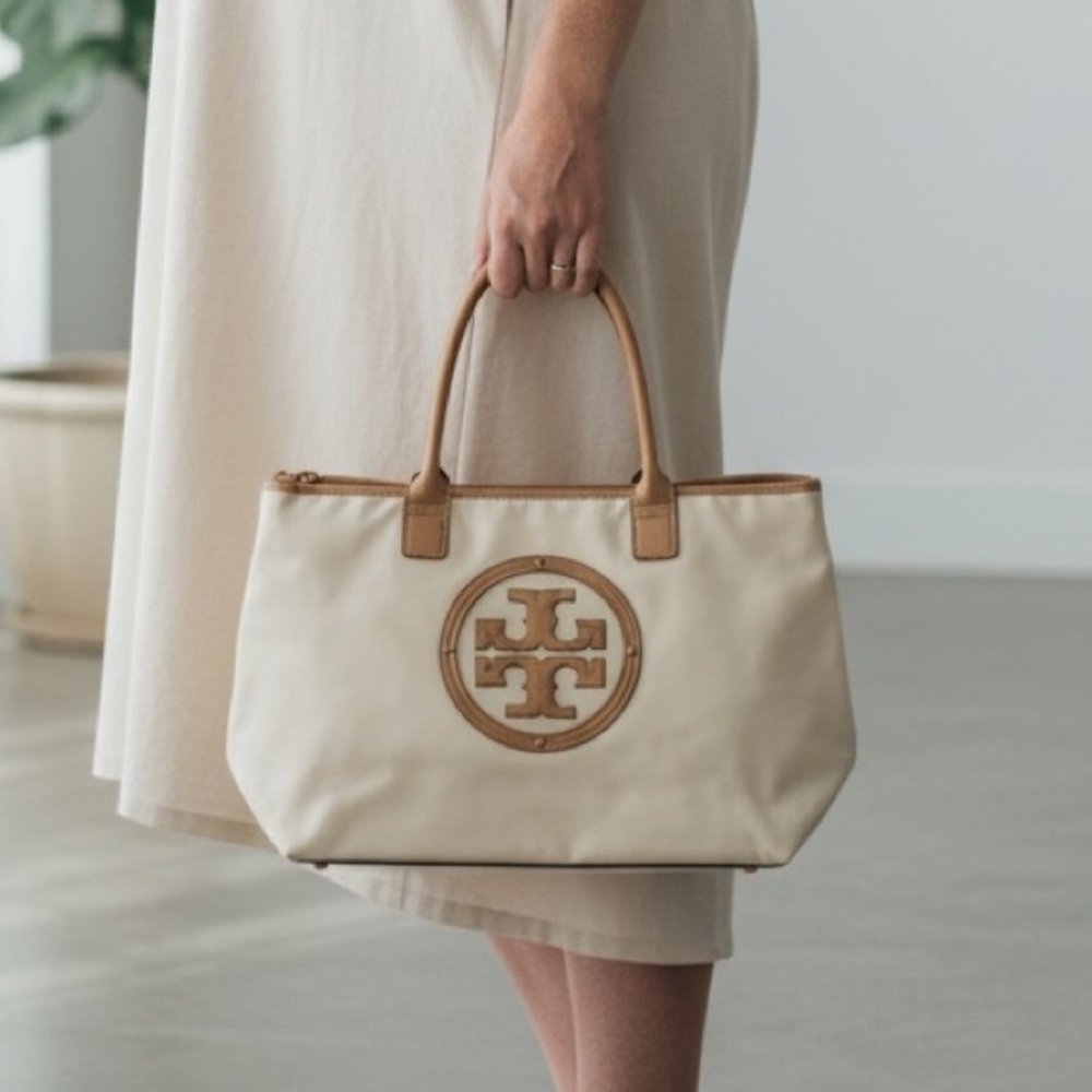 Tory Burch Ella Recycled Nylon Tote Cream Tan Large Logo Tote Bag